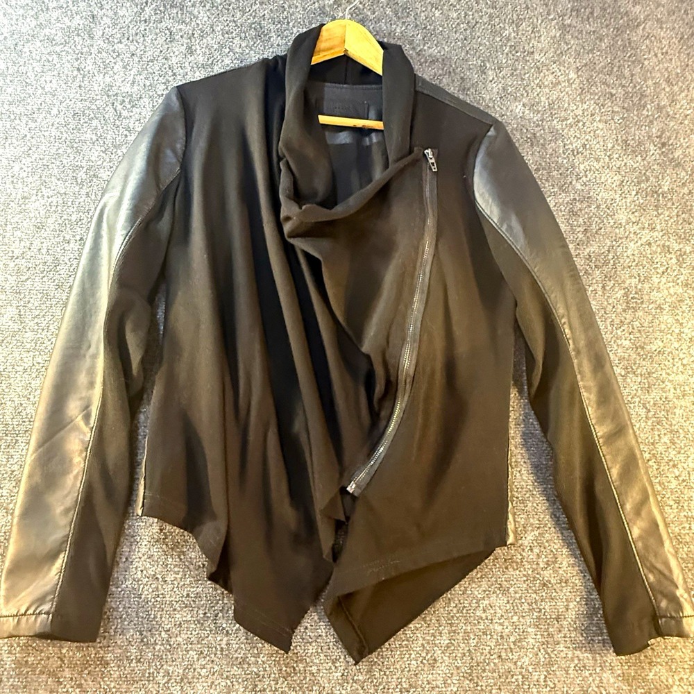 BLANKNYC Womens Black Asymmetric Zip Drape Front Moto Jacket L 30M-9027MX